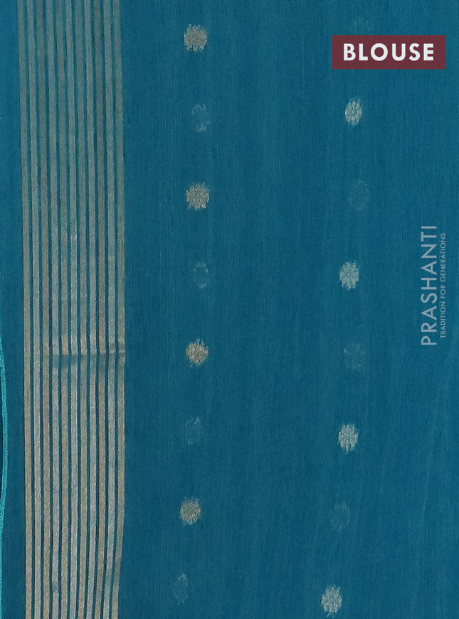 Semi jute linen saree peacock blue with silver & gold zari woven buttas and zari woven border