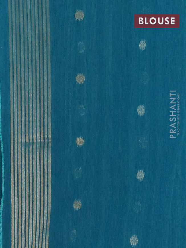 Semi jute linen saree peacock blue with silver & gold zari woven buttas and zari woven border