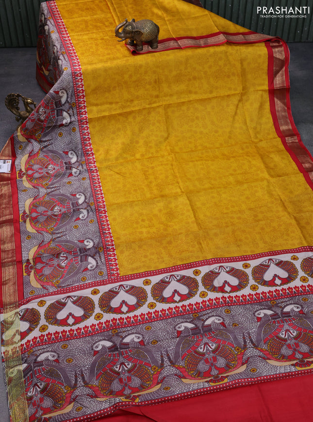 Printed silk saree mustard yellow and red with allover prints and long printed zari border