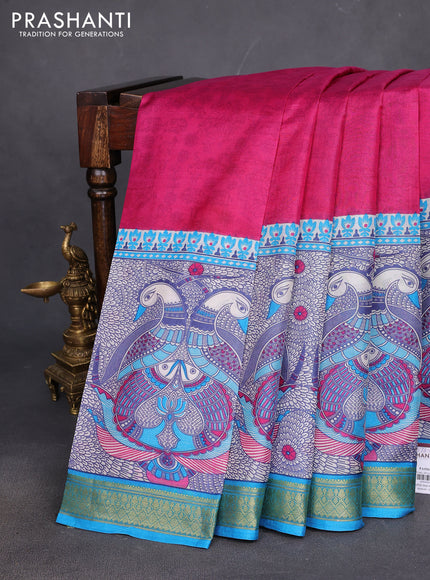 Printed silk saree pink and cs blue with allover prints and long printed zari border