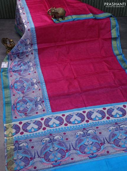 Printed silk saree pink and cs blue with allover prints and long printed zari border