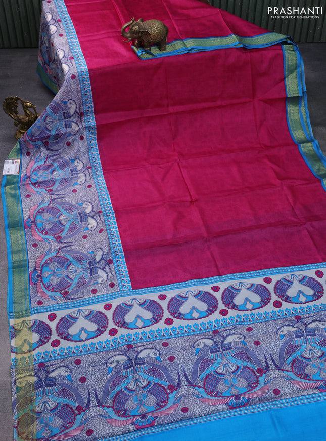 Printed silk saree pink and cs blue with allover prints and long printed zari border