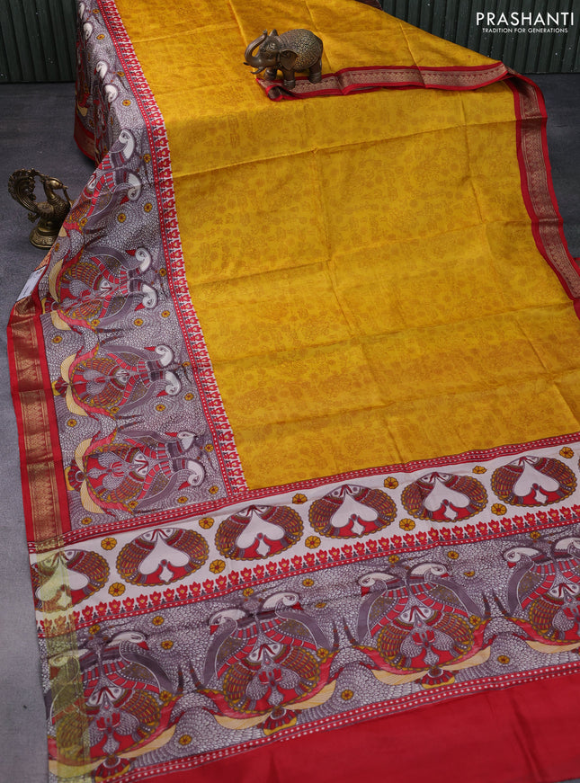 Printed silk saree yellow and red with allover prints and long printed zari border