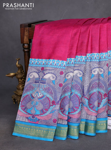 Printed silk saree pink and cs blue with allover prints and long printed zari border