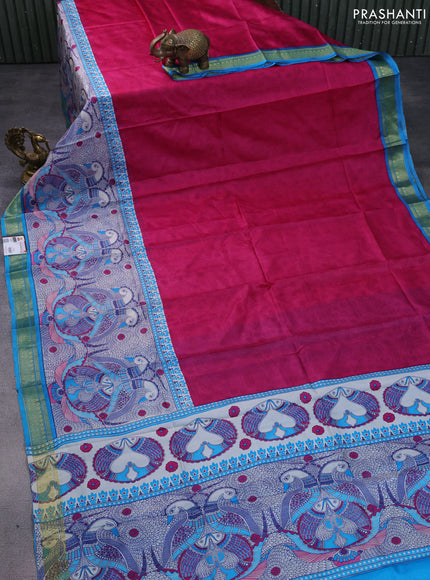 Printed silk saree pink and cs blue with allover prints and long printed zari border