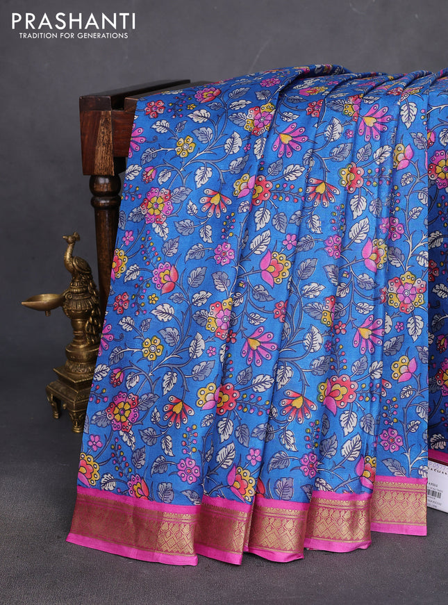 Printed silk saree blue and pink with allover kalamkari prints and zari woven border