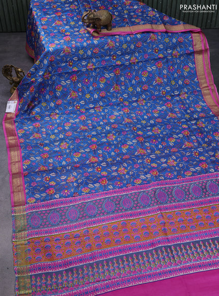 Printed silk saree blue and pink with allover kalamkari prints and zari woven border