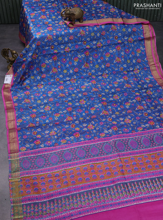 Printed silk saree blue and pink with allover kalamkari prints and zari woven border