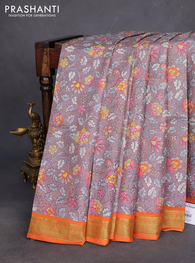 Printed silk saree grey shade and orange with allover kalamkari prints and zari woven border