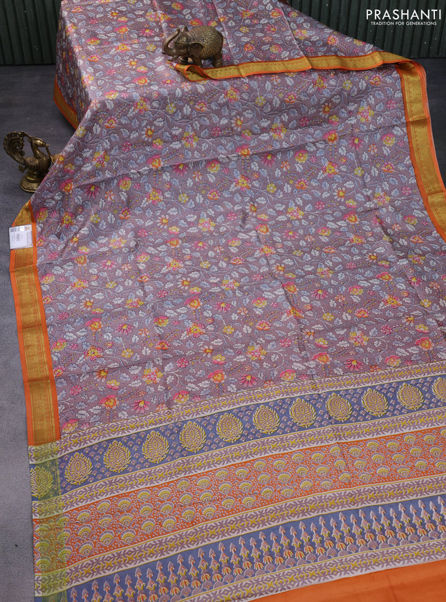 Printed silk saree grey shade and orange with allover kalamkari prints and zari woven border