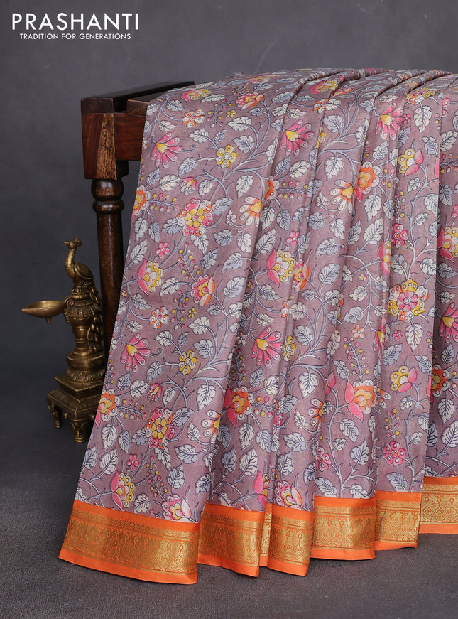 Printed silk saree grey shade and orange with allover kalamkari prints and zari woven border