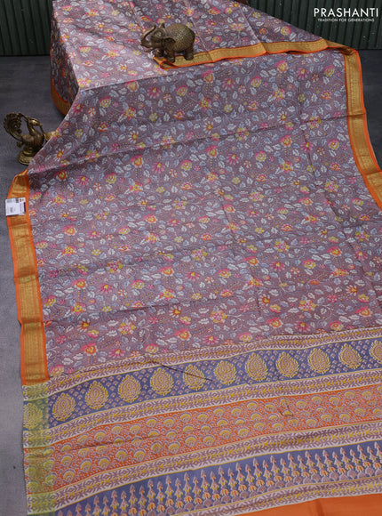 Printed silk saree grey shade and orange with allover kalamkari prints and zari woven border