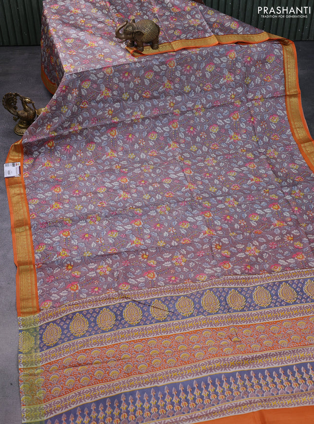 Printed silk saree grey shade and orange with allover kalamkari prints and zari woven border