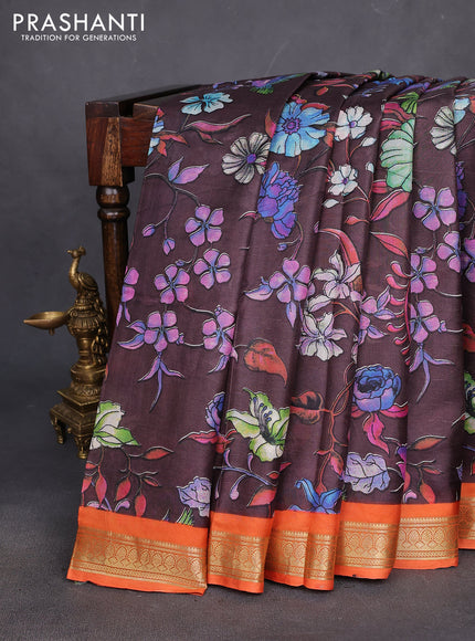 Printed silk saree coffee brown and orange with allover floral prints and zari woven border