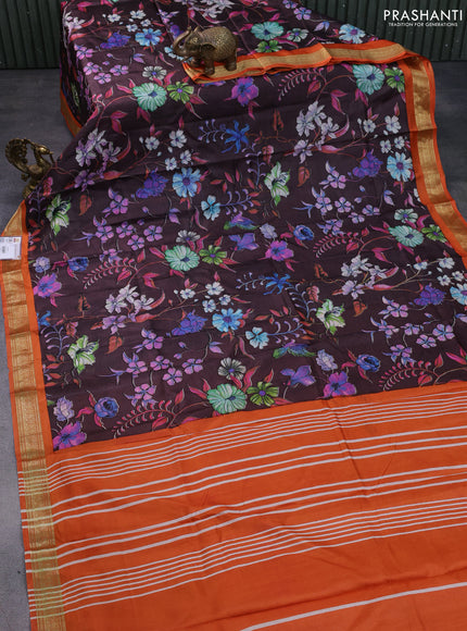 Printed silk saree coffee brown and orange with allover floral prints and zari woven border