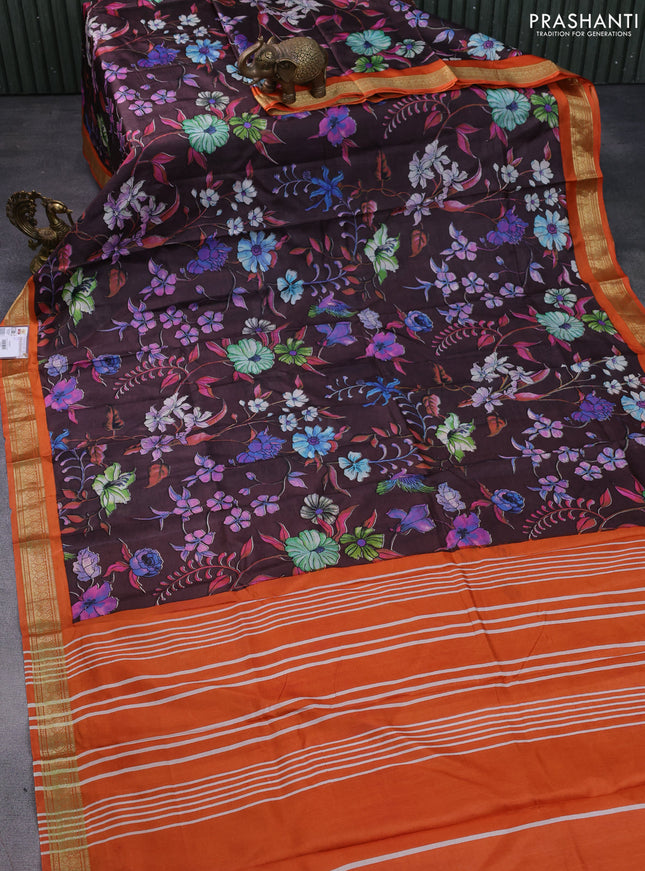 Printed silk saree coffee brown and orange with allover floral prints and zari woven border