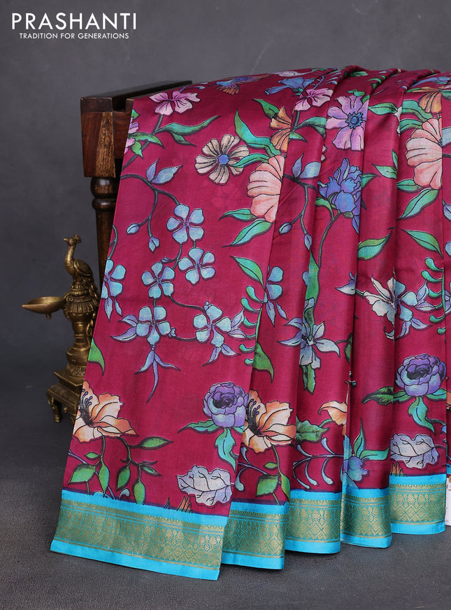 Printed silk saree dark magenta pink and teal blue with allover floral prints and zari woven border