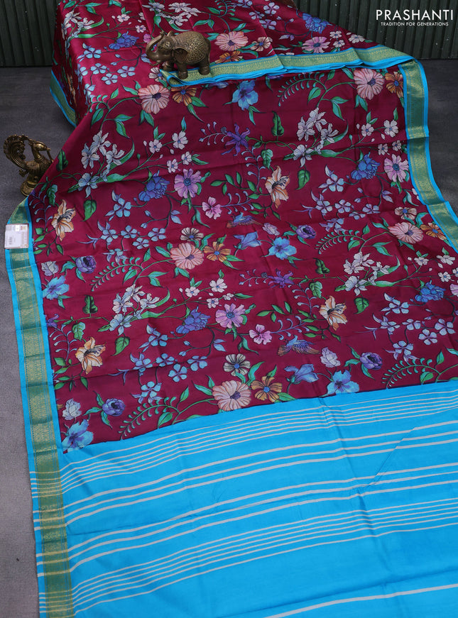 Printed silk saree dark magenta pink and teal blue with allover floral prints and zari woven border