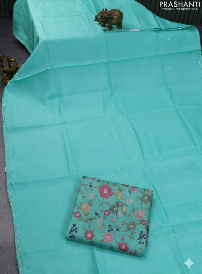 Pure tussar silk saree teal blue with mirror work and mirror work border