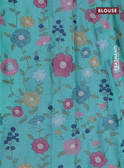 Pure tussar silk saree teal blue with mirror work and mirror work border