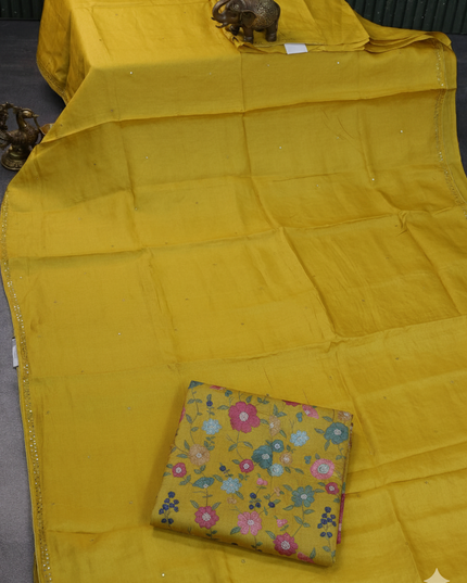 Pure tussar silk saree yellow with mirror work and mirror work border