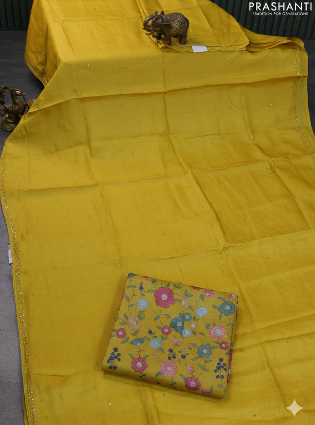 Pure tussar silk saree yellow with mirror work and mirror work border