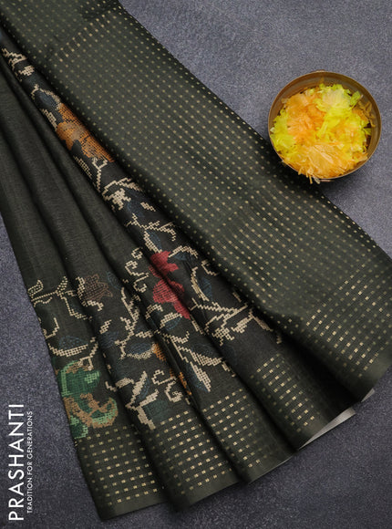 Semi tussar saree sap green with floral prints and zari woven pallu