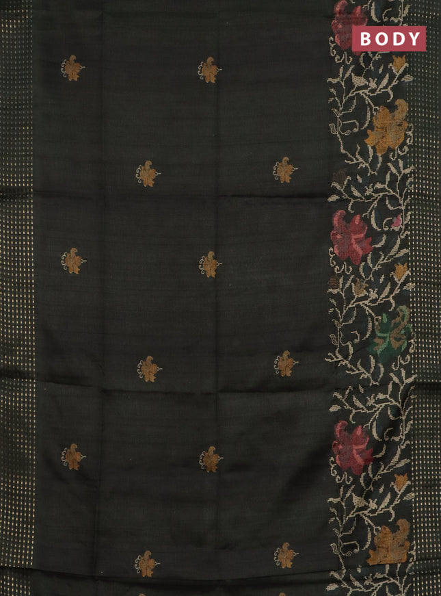 Semi tussar saree sap green with floral prints and zari woven pallu