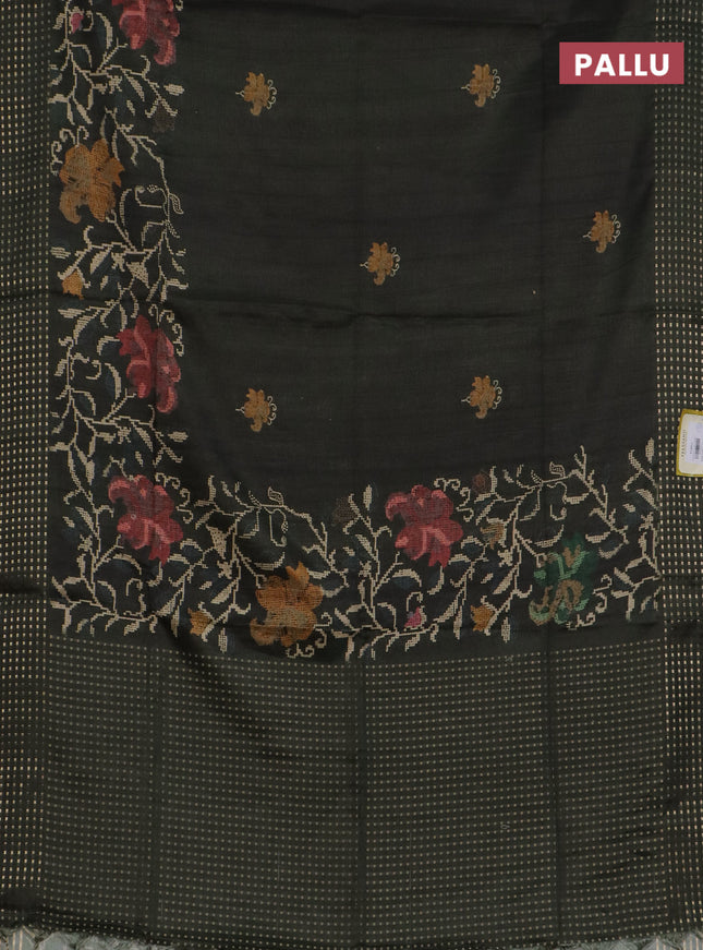 Semi tussar saree sap green with floral prints and zari woven pallu