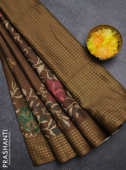 Semi tussar saree mehendi green with floral prints and zari woven pallu