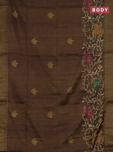 Semi tussar saree mehendi green with floral prints and zari woven pallu