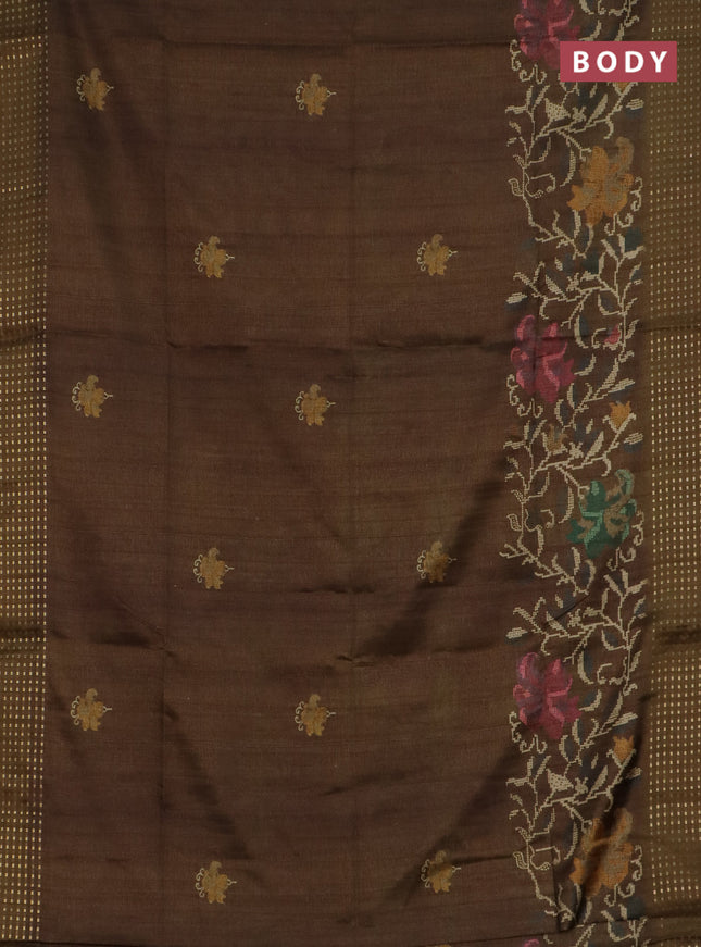 Semi tussar saree mehendi green with floral prints and zari woven pallu