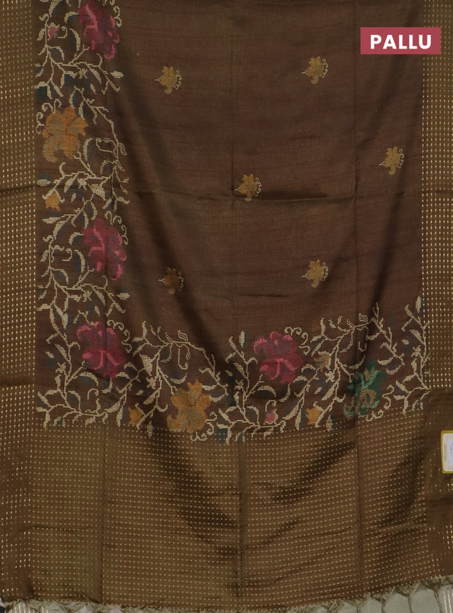 Semi tussar saree mehendi green with floral prints and zari woven pallu