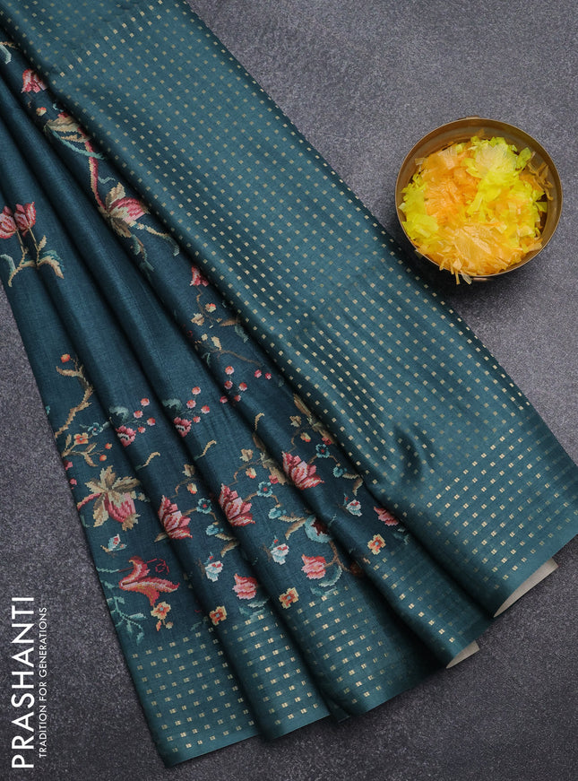 Semi tussar saree peacock green with floral prints and zari woven pallu