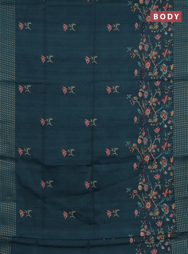 Semi tussar saree peacock green with floral prints and zari woven pallu