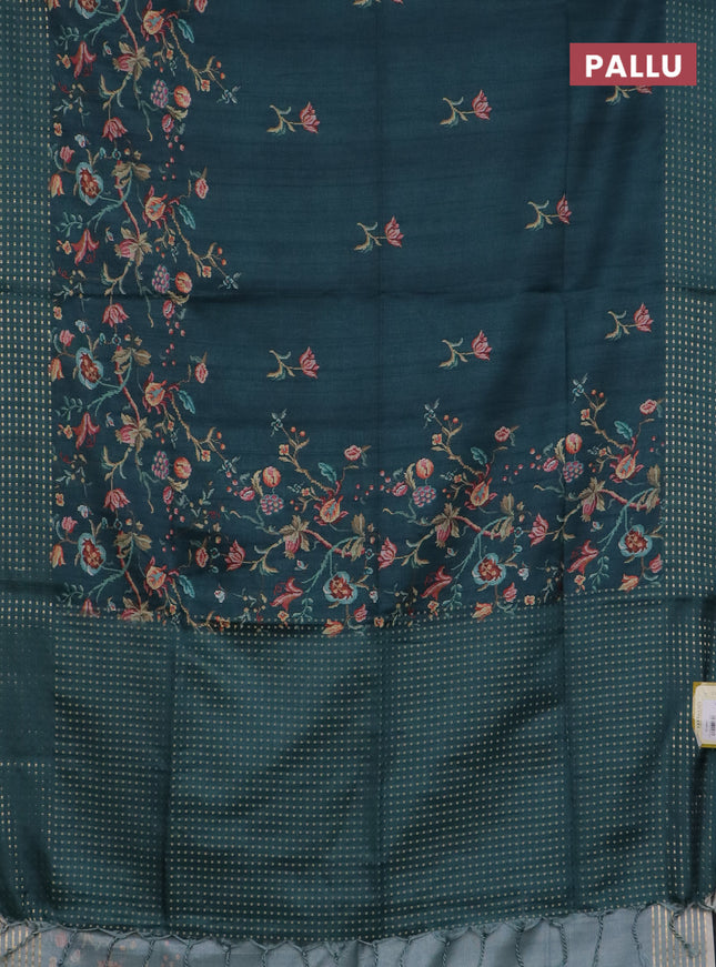Semi tussar saree peacock green with floral prints and zari woven pallu