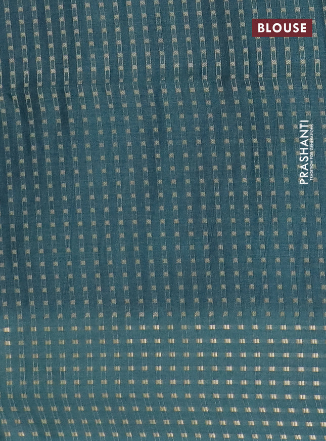 Semi tussar saree peacock green with floral prints and zari woven pallu