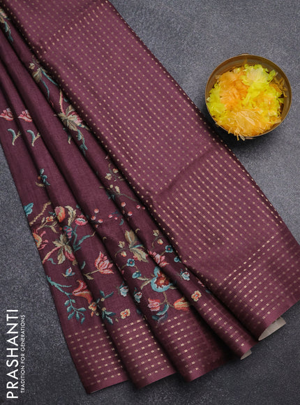 Semi tussar saree wine shade with floral prints and zari woven pallu