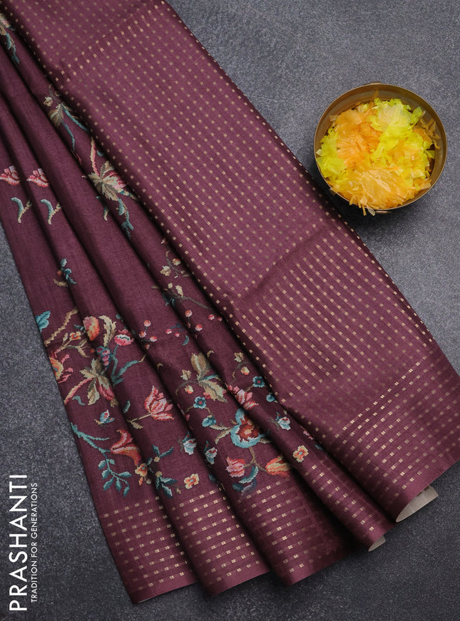 Semi tussar saree wine shade with floral prints and zari woven pallu