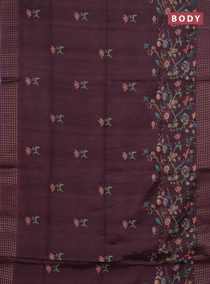 Semi tussar saree wine shade with floral prints and zari woven pallu