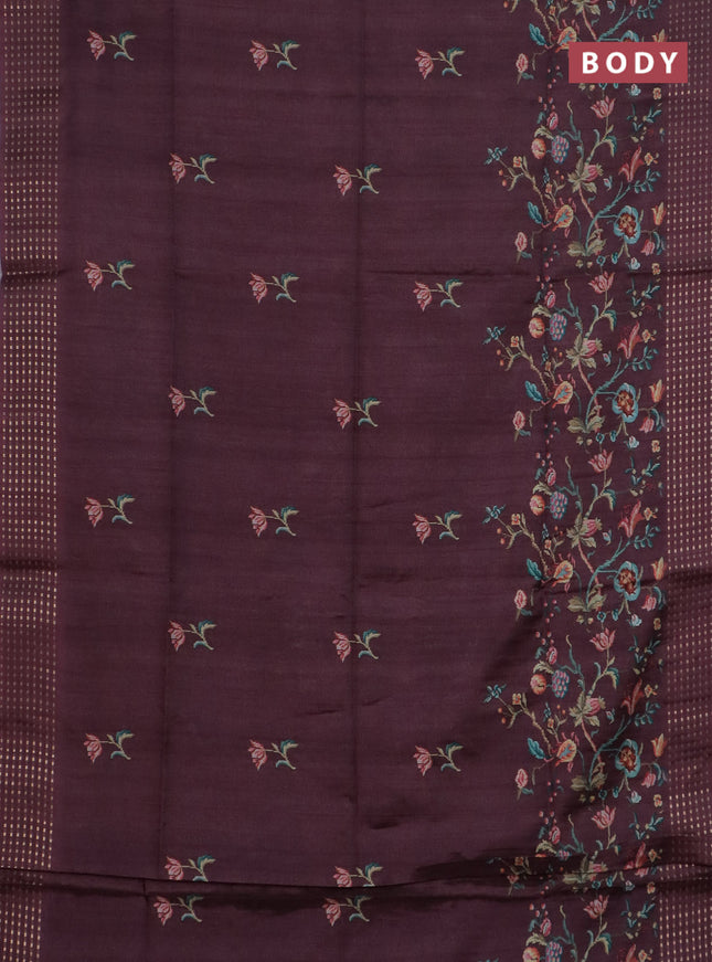 Semi tussar saree wine shade with floral prints and zari woven pallu