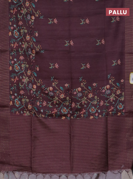 Semi tussar saree wine shade with floral prints and zari woven pallu