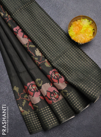 Semi tussar saree sap green with floral prints and zari woven pallu
