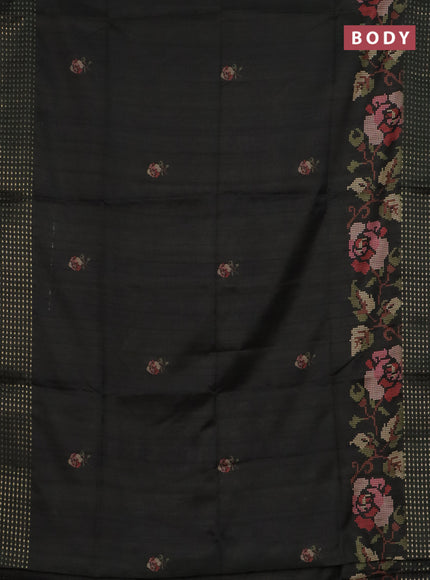 Semi tussar saree sap green with floral prints and zari woven pallu