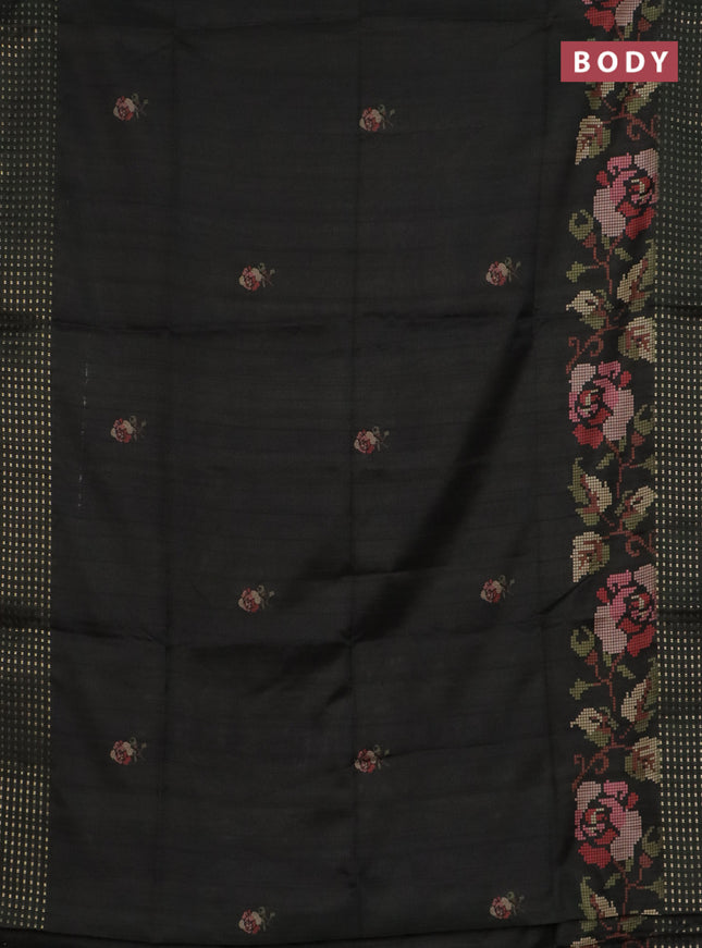 Semi tussar saree sap green with floral prints and zari woven pallu