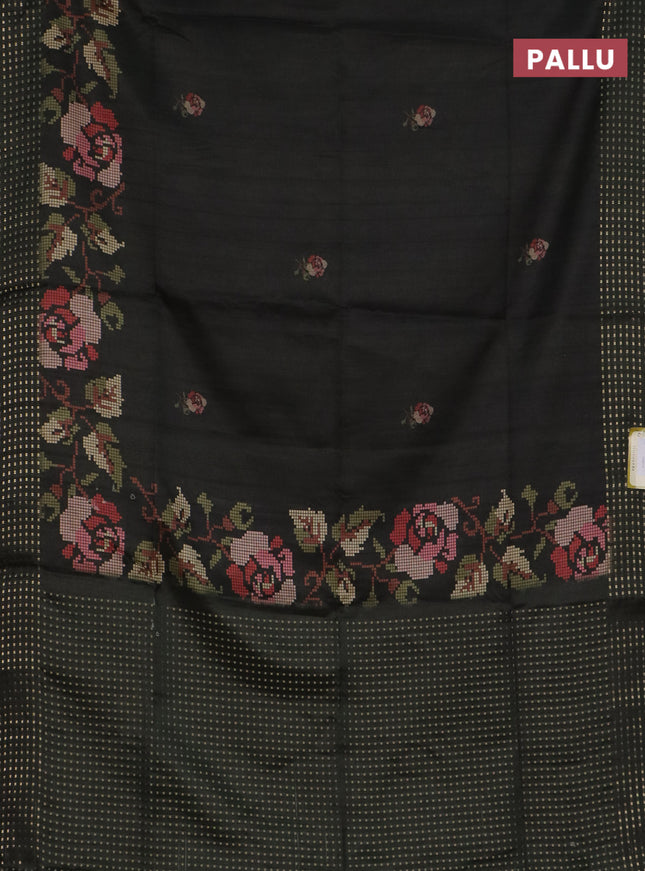 Semi tussar saree sap green with floral prints and zari woven pallu