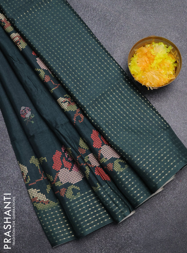 Semi tussar saree dark green with floral prints and zari woven pallu