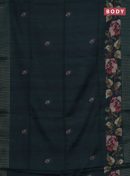 Semi tussar saree dark green with floral prints and zari woven pallu