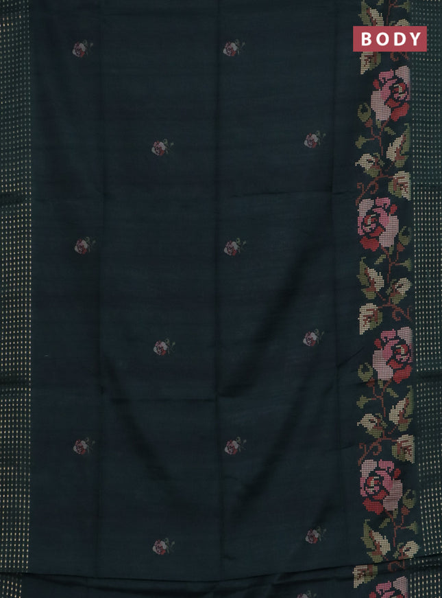 Semi tussar saree dark green with floral prints and zari woven pallu