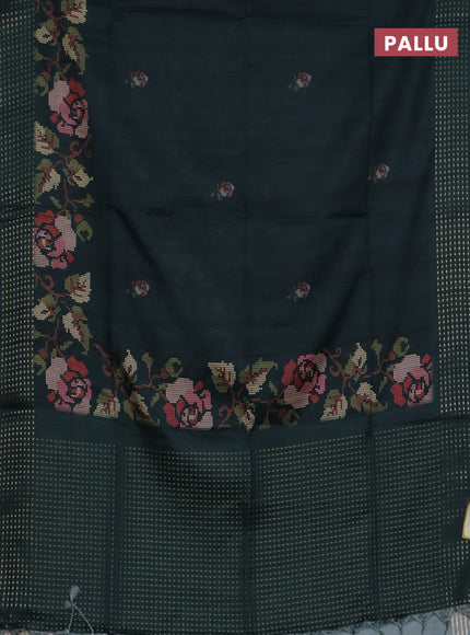 Semi tussar saree dark green with floral prints and zari woven pallu
